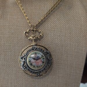 Vintage Gold & Silver Faux Pocket Watch Pendant Necklace * Double Chain * ca 40s
